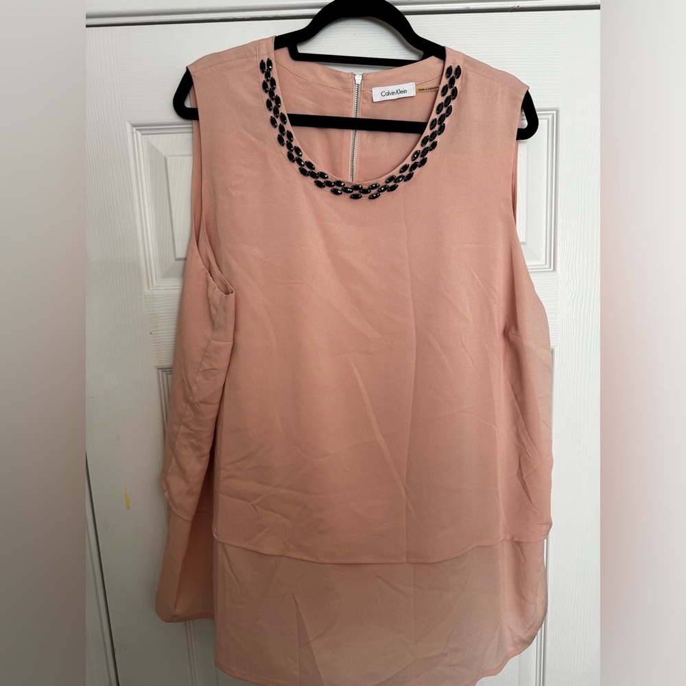 Calvin Klein Women’s Sleeveless Beaded Neck Blouse - Blush Pink